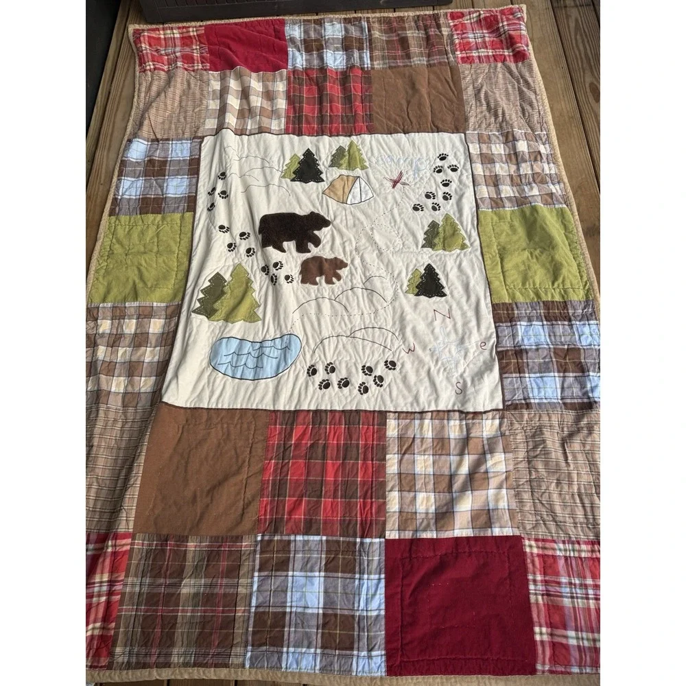 Woolrich Kids Camp Bear Plaid Patchwork Full Size Quilt Woodland Cabin